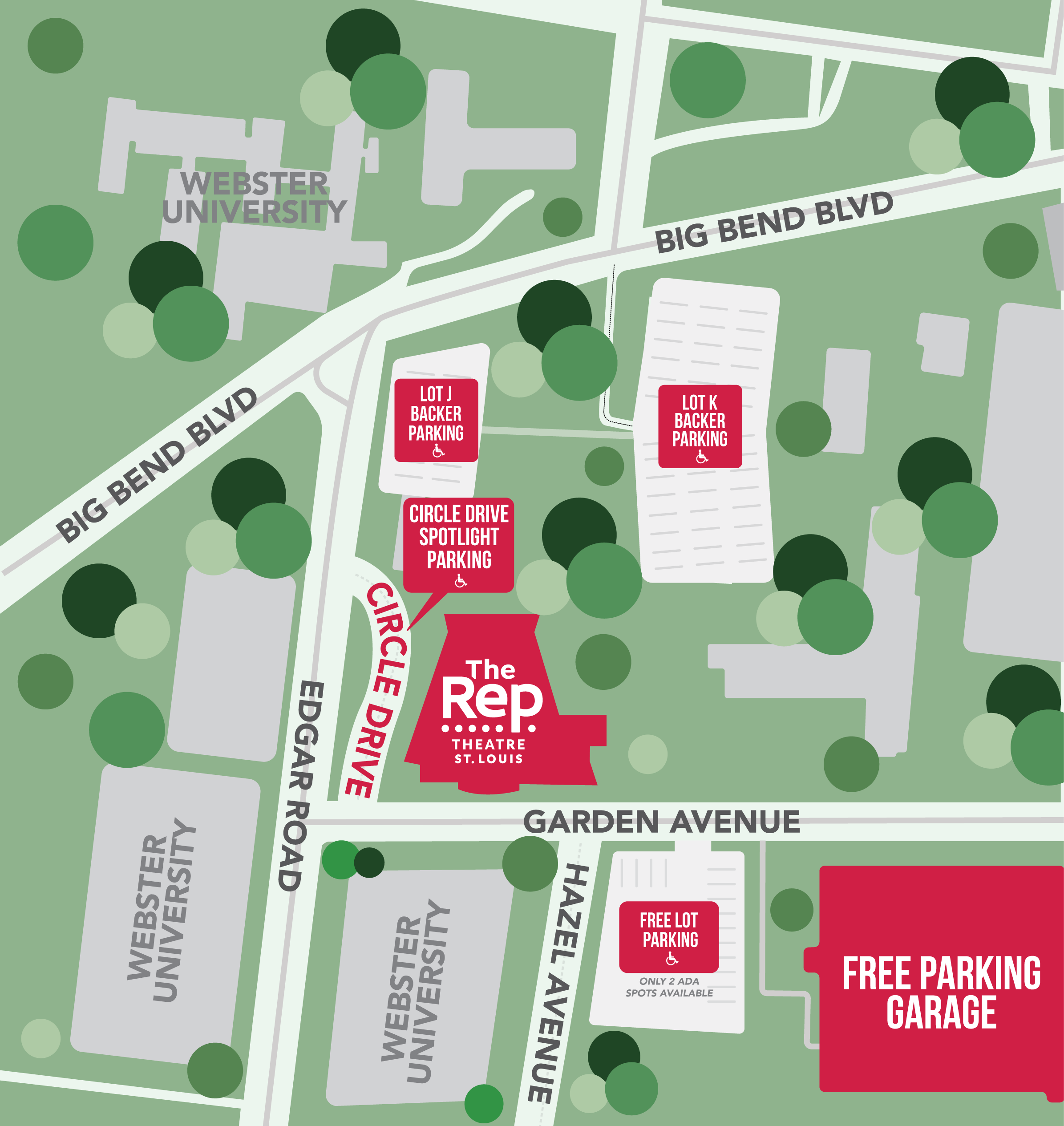 Campus map highlighting Lots G, J, K, the Parking Garage, Circle Drive, and The Rep